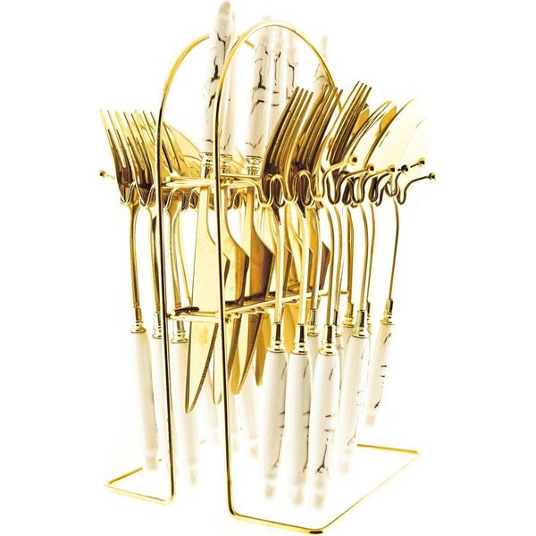 Set Di Posate Da 24 Pezzi Con Supporto In Acciaio Inox 18/10 Forchetta Coltello Cucchiaio Stoviglie In Ceramica DS006-image
