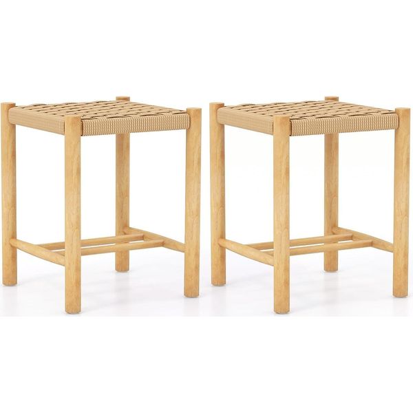 Costway Set Di 2 Sgabelli Da Bar In Legno, Sgabello Da Bar Altezza 45 Cm Con Poggiapiedi, Sedia Da Cucina In Carta Intrecciata, Sgabello Da Banco Bistrot Per Cucina, Sala Da Pranzo, Cortile (36 X 36 X 45 Cm)-image
