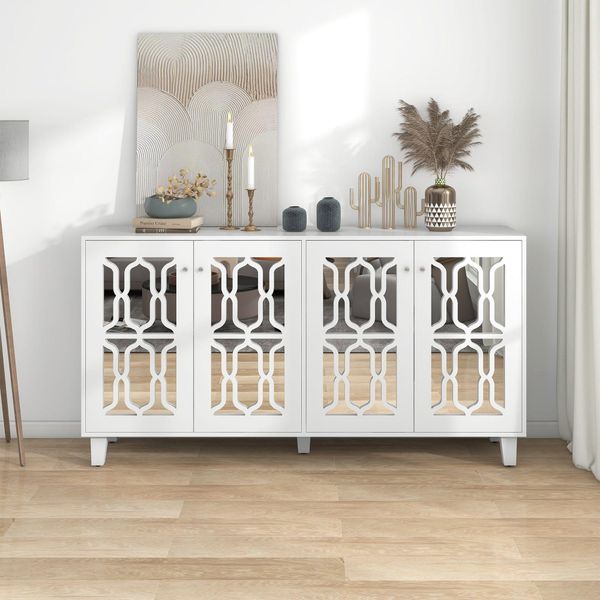 Credenza Fortuna Lai Con Maniglie In Cristallo, 4 Ante, Credenza Cucina In Stile Country, 160X40X84Cm, Bianco-image