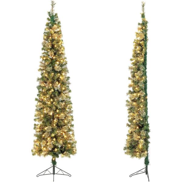 Costway 210Cm Mezzo Albero Di Natale Artificiale Illuminato, Albero Di Natale Con 150 Luci Led, Albero Di Natale Angolare Con Supporto In Metallo, Albero Di Natale Artificiale, Per Ufficio, Casa, Festa-image