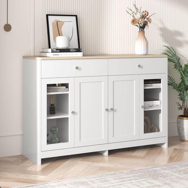 Credenza Merax Con Ante E Cassetti In Vetro Temperato, Cassettiera In Stile Country-image