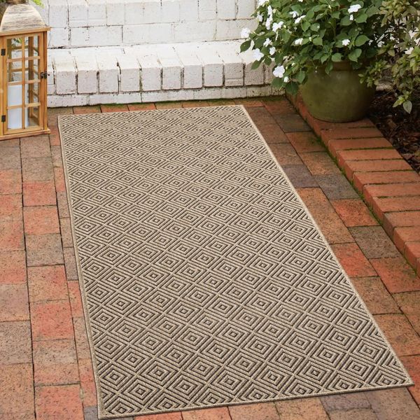 Tappeto Per Esterni Robusto E Resistente Alle Intemperie - Motivo A Rombi Beige/Nero Dimensioni - 80 X 250 Cm-image