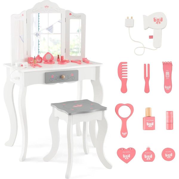 Costway 2 In 1 Tavolo Da Toeletta Per Bambini Con Sgabello, Tavolo Da Toeletta Da Principessa Con Specchio Pieghevole Rimovibile A 3 Ante, Cassetto E 10 Accessori, Tavolo Da Trucco Per Il Make-Up Per Bambini E Bambine, Bianco-image