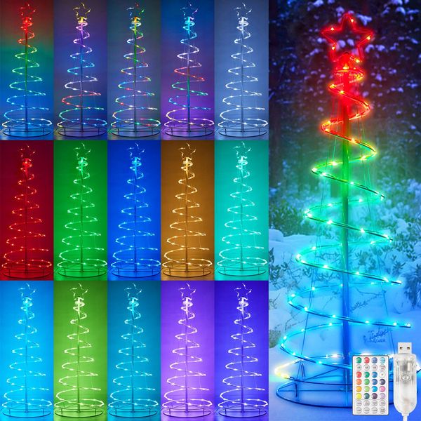 Albero Di Natale A Led Rgb Con Stella, Decorazione A Spirale Per Albero Di Natale Con Timer Di Controllo Remoto, Decorazione Natalizia Da 1,2 M Per Esterni E Interni, Illuminazione Dell'albero Di Natale Per Il Balcone Del Giardino-image