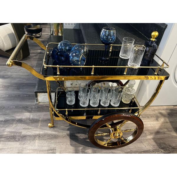 Casa Padrino Carrello Oro / Marrone / Nero 98 X 48 X H. 85 Cm - Carrello In Acciaio Inox Con Piatti In Vetro - Carrello Per Ristorazione - Accessori Per Hotel E Ristoranti-image