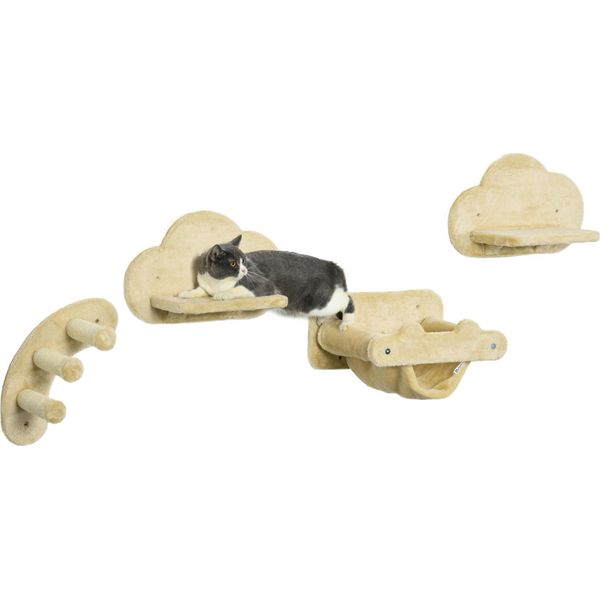 Pawhut Parete Di Arrampicata Per Gatti 4 Tlg, Tiragraffi Per Gatti Con Scale Per Gatti, Amaca, Piattaforma Per Saltare, Tiragraffi Da Parete, Mobili Da Parete Per Gatti Fino A 5 Kg, Peluche, Beige-image