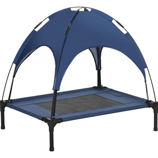 Pawhut Lettino Per Cani Rialzato Con Baldacchino, Letto Per Animali, Letto Per Cani Da Esterno Con Baldacchino, Traspirante, In Tessuto Taffetà Per Campeggio Blu Scuro 76 X 61 X 73 Cm-image