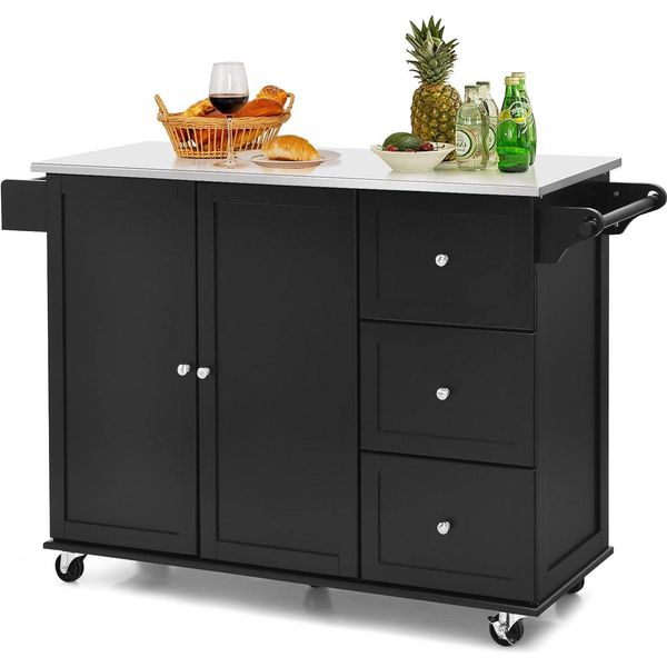 Costway Carrello Da Cucina Con Piano Di Lavoro In Acciaio Inox, Isola Da Cucina Con 3 Cassetti, Ripiano Regolabile E Portasciugamani, Carrello Di Servizio Mobile, Mobile Da Cucina Su Rotelle, Carrello Da Cucina A Isola (Nero)-image