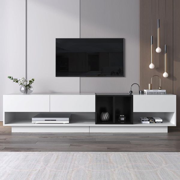 Mobile Tv Fortuna Lai, Mobile Tv 190CM, Combinazione In Bianco E Nero Lucido Cassettiera Tv, Mobile Tv Con Cassetti, Scomparti, Diversi Vani Portaoggetti-image