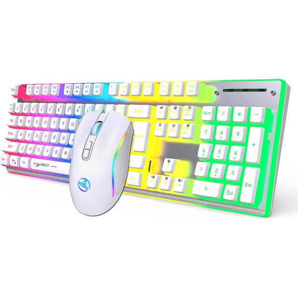 Set Tastiera E Mouse Wireless Hxsj L96 2.4G, 104 Tasti | Effetti Luminosi Rgb | Copritasti In Abs Bicolore | 6 Dpi Regolabili, Bianco-image