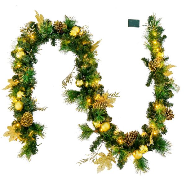 Costway 270 Cm Di Ghirlanda Di Natale Con 50 Led Bianchi Caldi, Ghirlanda Di Abete Artificiale Con Pigne E Fiocchi Dorati, Decorazione Natalizia Illuminata Verde-image