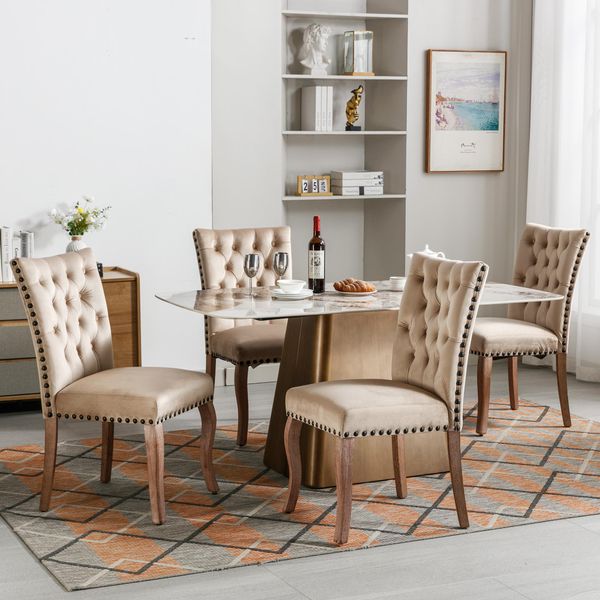 Set Di 4 Sedie Da Sala Da Pranzo Flieks, Sedia Da Cucina Con Gambe In Legno Massiccio, Sedia Imbottita Con Rivestimento In Velluto, Sedie Da Pranzo Sedie Da Soggiorno, Beige-image
