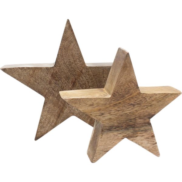 3.07 Stelle In Set Di 2 In Legno Di Mango - 20 Cm / 15 Cm - Stella Decorativa Naturale-image
