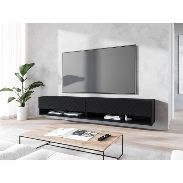 Minio Go For It, Mobile Tv, Lavagna Bassa "Anne"" 180 Cm, Piano In Mdf Con Motivo A Spina Di Pesce, Sospeso, In Piedi, Colore Nero"-image