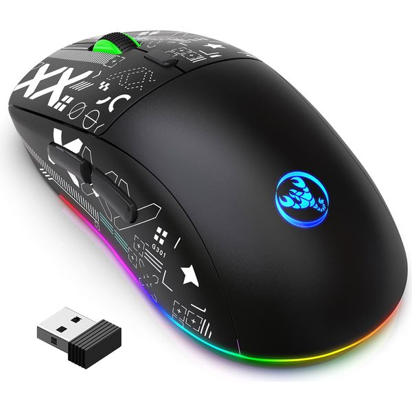 Mouse Wireless Hxsj T90, Connessione A Tre Modalità | 5 Dpi Regolabili | Frequenza Di Polling Di 125 Hz | 11 Effetti Luminosi Rgb | 6 Pulsanti Programmabili, Nero-image