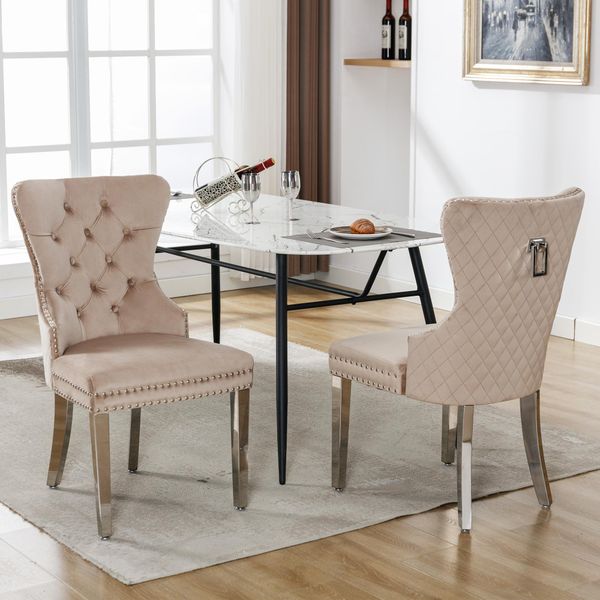 Set Di 2 Sedie Da Sala Da Pranzo Flieks, Sedie Da Cucina Imbottite Con Gambe In Acciaio Inox, Sedia Da Sala Da Pranzo Con Rivestimento In Velluto, Beige-image