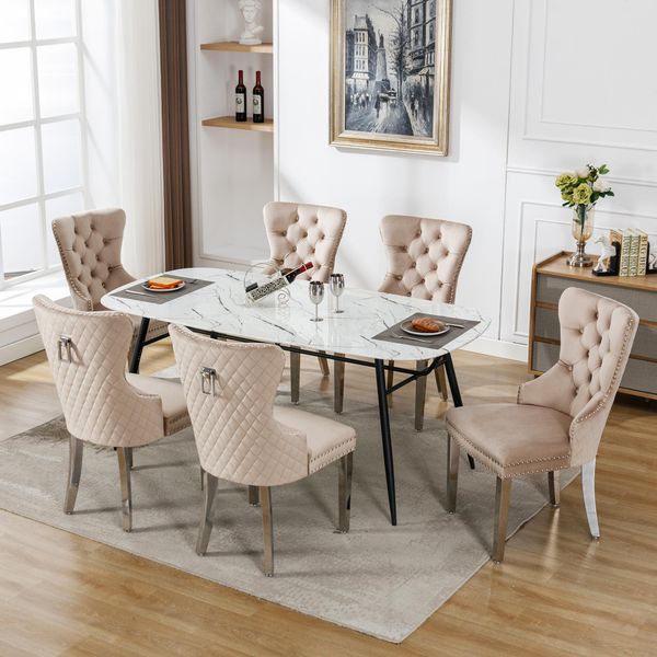 Set Di 6 Sedie Da Pranzo Flieks, Sedie Da Cucina Imbottite Con Gambe In Acciaio Inox, Sedia Da Pranzo Con Rivestimento In Velluto, Beige-image