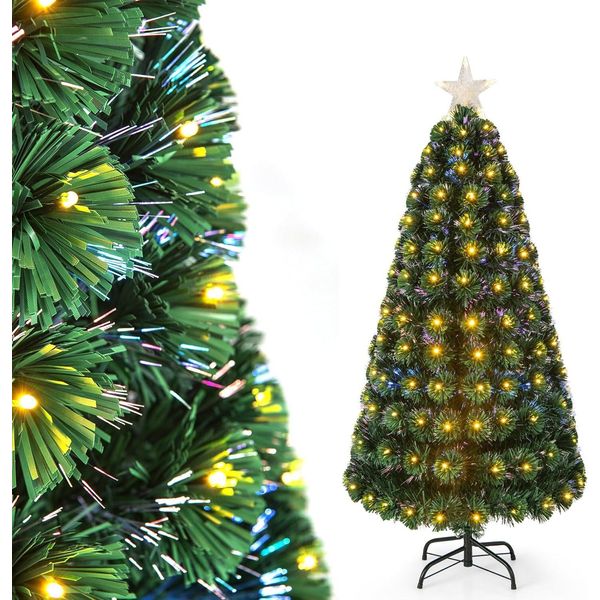 Costway Albero Di Natale Artificiale Da 150 Cm Con Illuminazione, Albero Di Natale Con 8 Modalità Di Illuminazione, 170 Luci Led Bianco Caldo, Albero Di Natale In Fibra Ottica, Stella Illuminata, Albero Di Natale Artificiale-image