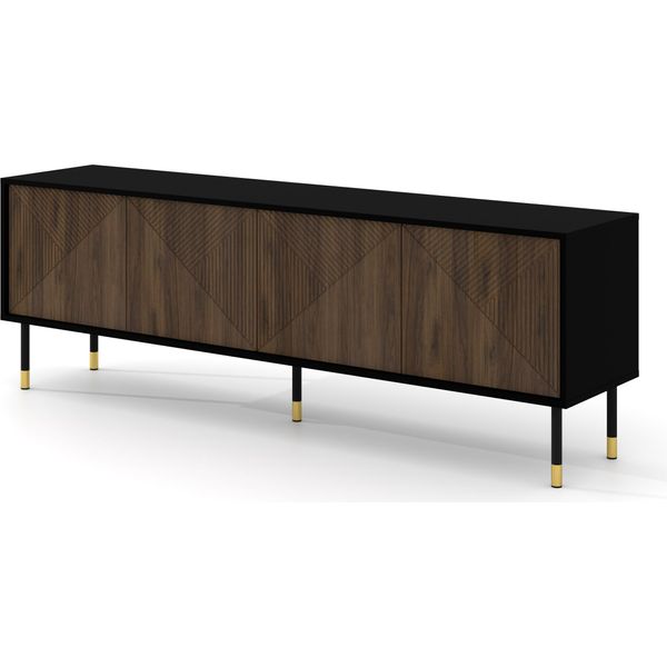 Mobile Tv Woody Iv 4D 180 Cm Nero Opaco / Rovere Catania Frontali Fresati In Mdf Credenza Su Gambe Cassettiera Tavolo Hi-Fi Tavolo Tv-image