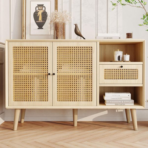 Cassettiera Merax In Vimini Rattan Con Cassetto E 6 Scomparti, Mobile Da Soggiorno In Rattan Credenza Tv In Stile Country In Legno Massiccio 120*40*80Cm-image