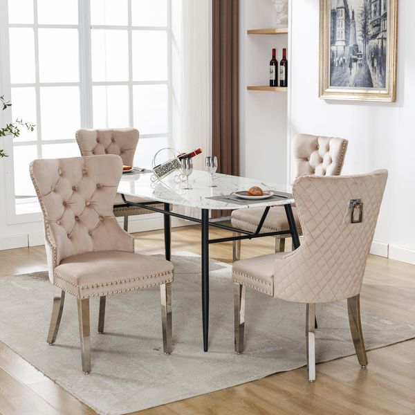 Set Di 4 Sedie Da Pranzo Flieks, Sedie Da Cucina Imbottite Con Gambe In Acciaio Inox, Sedia Da Pranzo Con Rivestimento In Velluto, Beige-image