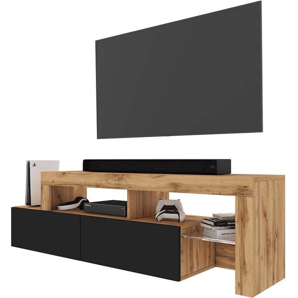 Mobili Tv Selsey Mobile Tv Asten Dal Design Asimmetrico - Larghezza 172 Cm - Rovere Wotan / Nero Con Led-image