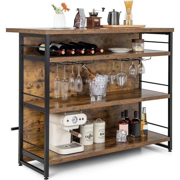 Costway House Mobile Bar, Scaffale Da Cucina Con 4 Ripiani Aperti, Portabottiglie, Portabicchieri E Poggiapiedi, Scaffale In Piedi 120 X 60 X 101 Cm, Marrone Rustico-image