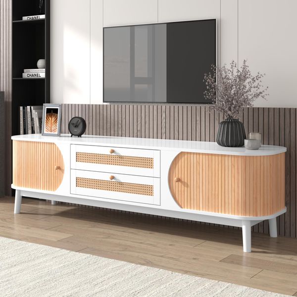 Mobile Tv Merax Con 2 Cassetti E 2 Ante Scorrevoli Curve, Lavagna Bassa Con Intreccio In Rattan, Larghezza 170 Cm, Bianco-image