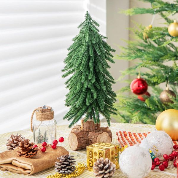 Costway 40Cm Piccolo Albero Di Natale, Mini Albero Di Natale Con Base In Legno Massiccio E 200 Punte Di Rami, Albero Di Natale Artificiale Da Tavolo, Albero Di Natale Per Ufficio, Verde-image