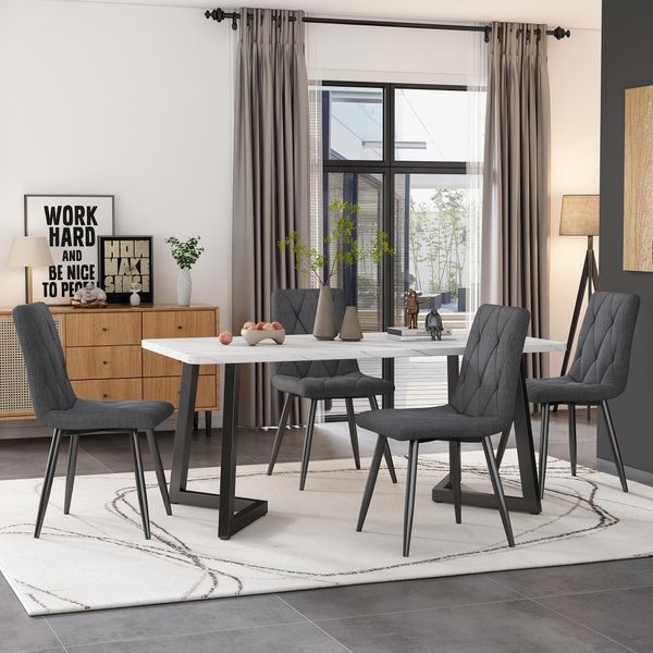 Flieks Set Da Pranzo 5 Pezzi, Tavolo Da Pranzo Con 4 Sedie, Set Tavolo Da Cucina Sedie Imbottite Con Rivestimento In Lino, Tavolo Da Pranzo Rettangolare Con Gambe In Metallo Nero, Grigio-image