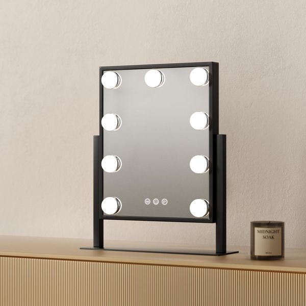 Emke Hollywood Specchio Per Il Trucco 85X304X360 Mm Con Specchio D'ingrandimento 7X, Nero Specchio Per Il Trucco Con Touchscreen Intelligente E 3 Colori Di Luce, 9 Luci Led Dimmer, Ruotabile A 360° E Funzione Memoria-image