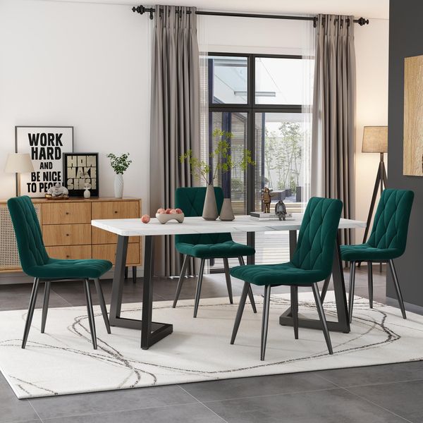 Flieks Set Da Pranzo 5 Pezzi, Tavolo Da Pranzo Con 4 Sedie, Set Tavolo Da Cucina Sedie Imbottite Con Rivestimento In Velluto, Tavolo Da Pranzo Rettangolare Con Gambe In Metallo Nero, Verde-image