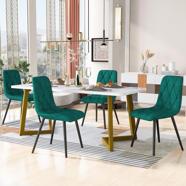 Flieks Set Da Pranzo 5 Pezzi, Tavolo Da Pranzo Con 4 Sedie, Set Tavolo Da Cucina Sedie Imbottite Con Rivestimento In Velluto, Tavolo Da Pranzo Rettangolare Con Gambe In Metallo Dorato, Verde-image