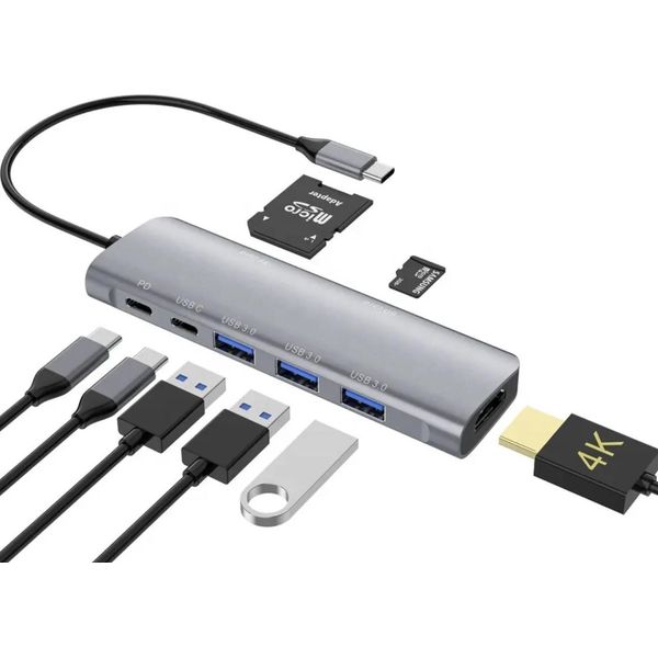 6 In 1 Hub Type-C A 4K Hdmi / Tf / Sd / Usb 3.0 / 3X USB-C (Dati) / Adattatore Pd 100W Per Macbook/ Laptop Windows-image
