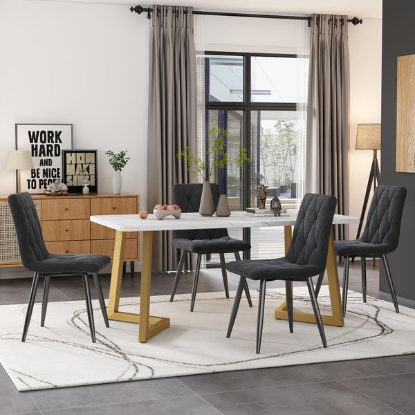 Flieks Set Da Pranzo 5 Pezzi, Tavolo Da Pranzo Con 4 Sedie, Set Tavolo Da Cucina Sedie Imbottite Con Rivestimento In Velluto, Tavolo Da Pranzo Rettangolare Con Gambe In Metallo Dorato, Grigio-image