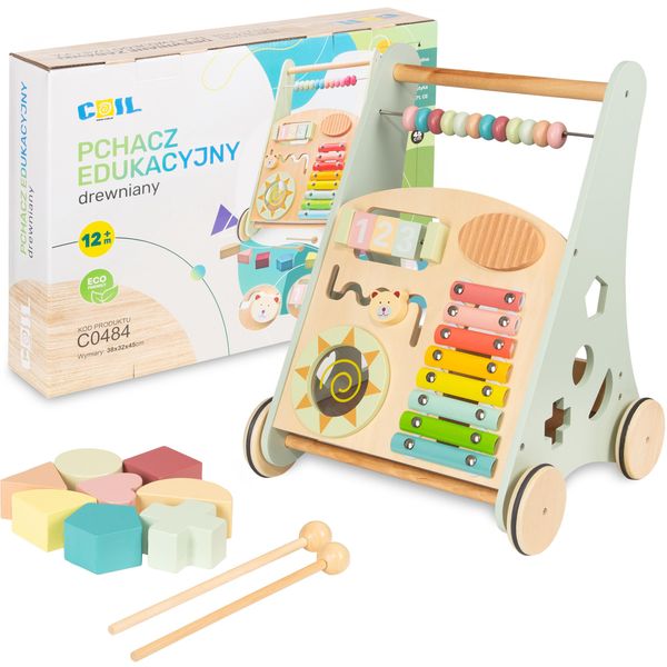 Coil Carrozzina In Legno 3 In 1, Giocattolo Educativo, Giocattolo Musicale, Girello, Labirinto, Abaco, Cimbali, Tamburo, Selezionatore Di Blocchi, Da 12 Mesi, Verde-image