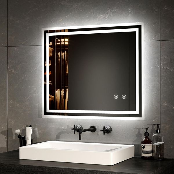 Emke Specchio Da Bagno A Led 60X50Cm Specchio Da Bagno Con Illuminazione Specchio Da Bagno Illuminato Bianco Freddo Specchio Da Parete Con Interruttore A Sfioramento + Antiappannamento IP44 Risparmio Energetico-image