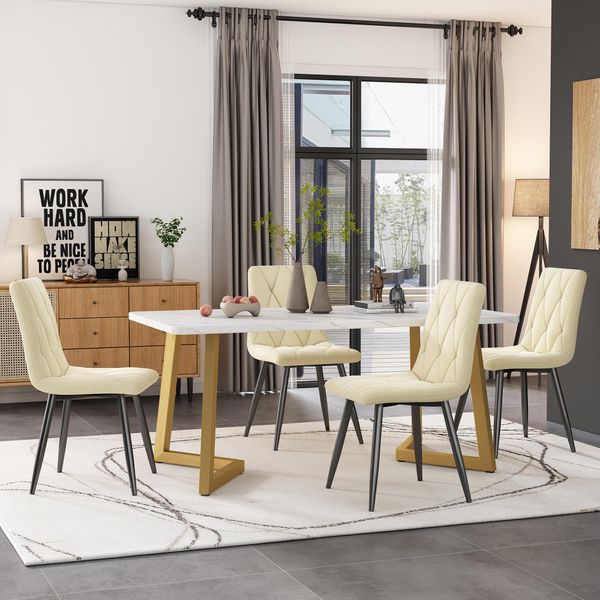 Flieks Set Da Pranzo 5 Pezzi, Tavolo Da Pranzo Con 4 Sedie, Set Tavolo Da Cucina Sedie Imbottite Con Rivestimento In Velluto, Tavolo Da Pranzo Rettangolare Con Gambe In Metallo Dorato, Beige-image