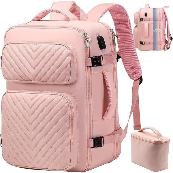 Delgeo Zaino Da Viaggio Per Le Donne, Zaino Con Bagaglio A Mano, Zaino Casual Elegante Espandibile, Adatto Per Laptop Da 17,3 Pollici, Zaino Casual Per Un Fine Settimana Sul Sentiero Escursionistico, Rosa-image