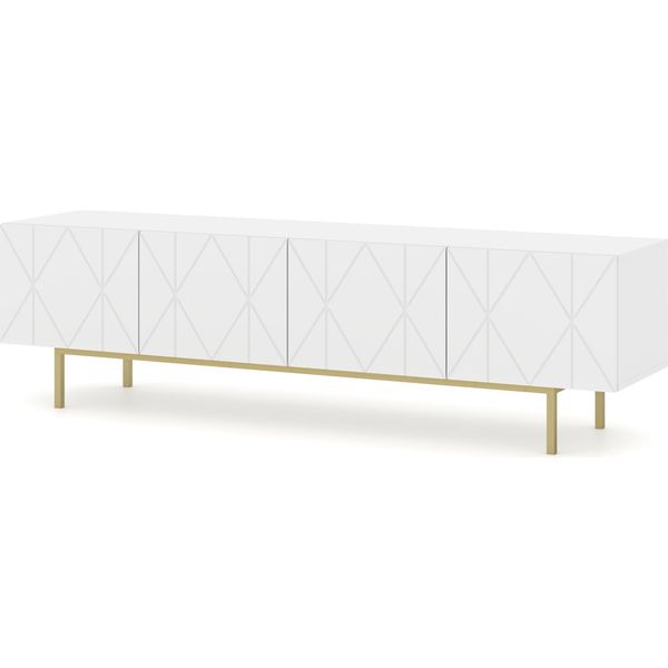 Mobile Tv Kairo 180 Cm 4D Bianco Opaco Frontali Fresati Mdf 4 Ante Mobile Tv Moderno Loft Tv Lavagna Con Piedini In Metallo-image