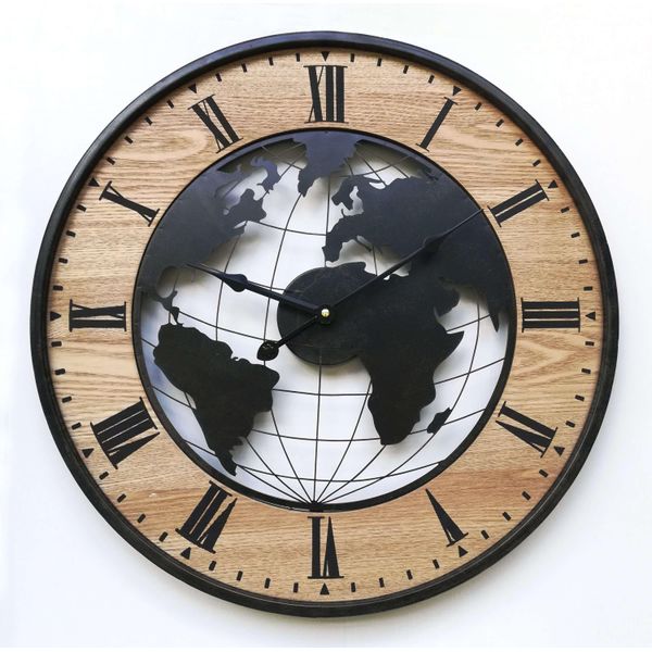 Orologio Da Parete Rebecca Mobili, Intaglio Del Mappamondo, Legno E Metallo, Nero E Marrone-image