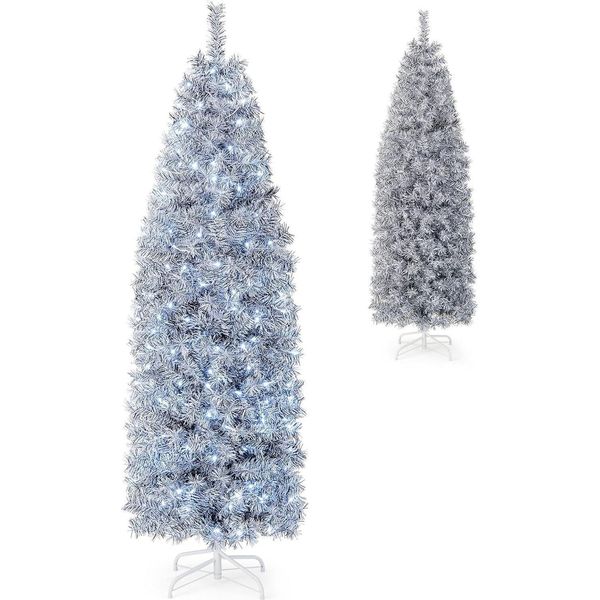 Costway 180Cm Albero Di Natale Artificiale A Matita, Albero Di Natale Illuminato A Led Con 250 Led Bianchi Freddi, Albero Di Natale Sottile, Albero Artificiale Con Supporto In Metallo, Bianco + Nero-image