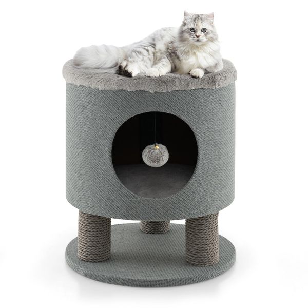 Costway Sgabello Per Gatti Con Grotta Per Gatti 20X19Cm, Casa Per Gatti Tiragraffi Albero Per Gatti 40 X 40 X 47 Cm (Grigio)-image
