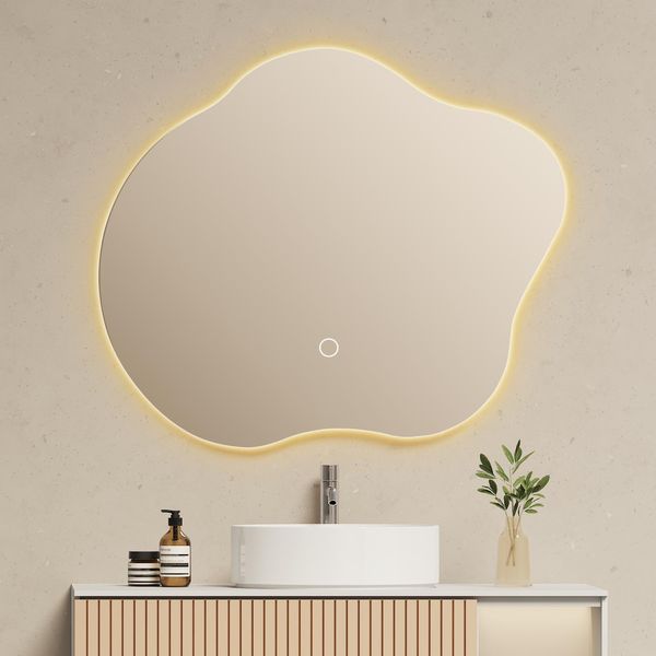 Emke Specchio Da Bagno A Led 60 X 50 Cm Specchio Da Bagno Con Antiappannamento, 3 Colori Di Luce Specchio Da Bagno Irregolare, Specchio Da Parete Dimmerabile Con Funzione Di Memoria-image