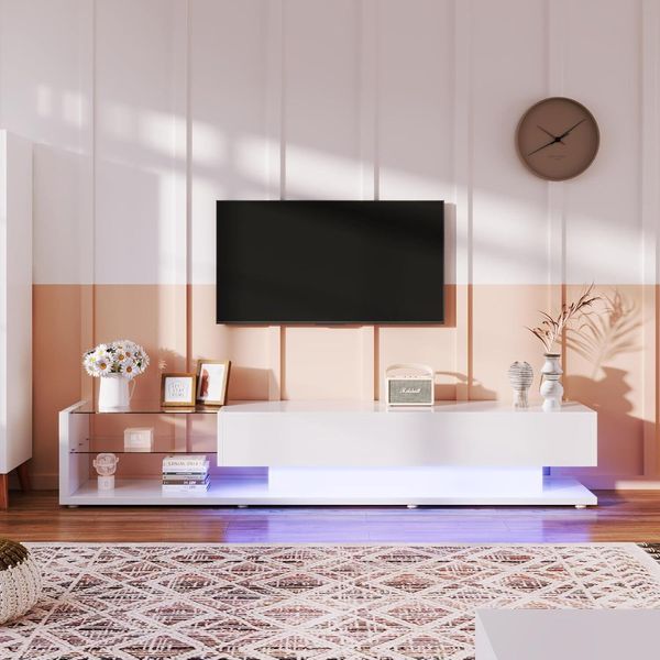 Mobiletto Tv Lucido Fortuna Lai, Mobile Tv Da 170 Cm Con Illuminazione A Led, Con 2 Cassetti, Ripiano Divisorio In Vetro, Mobili Da Salotto Moderni (Bianco Puro)-image
