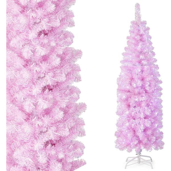 Costway 180Cm Albero Di Natale Artificiale A Matita, Albero Di Natale Illuminato A Led Con 250 Led Bianchi Freddi, Albero Di Natale Sottile, Albero Artificiale Con Supporto In Metallo, Rosa-image