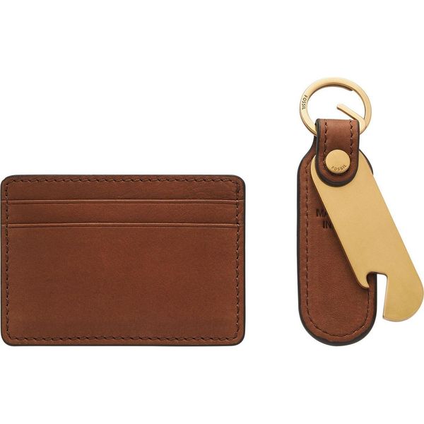Fossil Portacarte Portachiavi Steven Card Case And Keyfob Bottle Opener Gift Set Medium Brown Marrone-image
