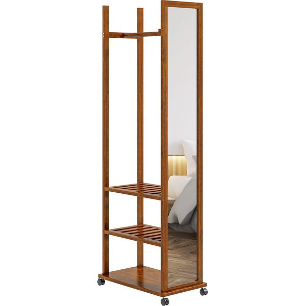 Homcom Specchio A Stelo, Specchio A Figura Intera Con Supporto, 24,8 X 153,8 Cm Specchio Per Armadio Con Rotelle, Armadio A 3 Livelli, Asta Appendiabiti, Per Soggiorno, Camera Da Letto, Noce-image