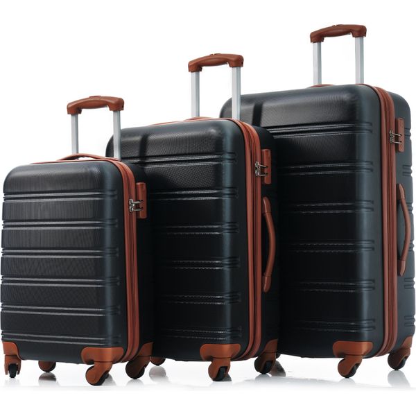 Flieks Set Di Valigie Da Viaggio 3 Pezzi A Guscio Duro, Trolley A Guscio Duro Valigia A Mano Set Di 3 Valigie Con Ruote Girevoli, Nero Marrone-image