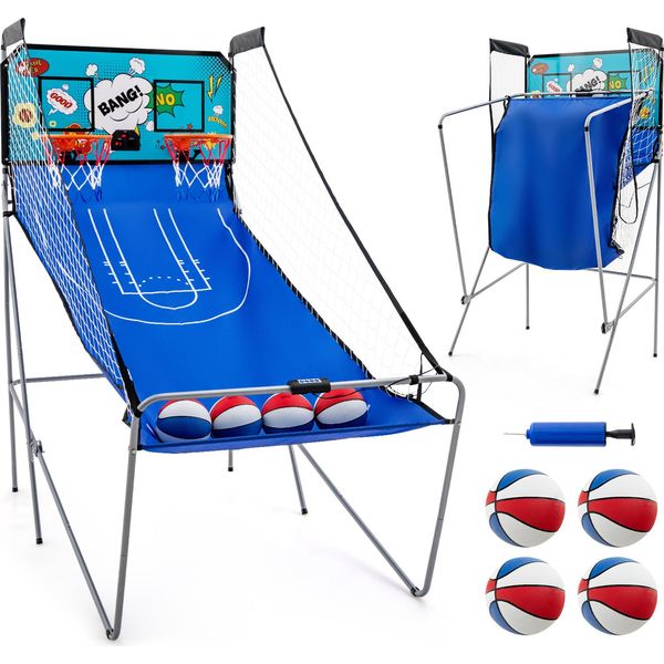 Costway 8 In 1 Macchina Da Pallacanestro, Supporto Elettrico Per Pallacanestro Pieghevole, Macchina Da Tiro Con 4 Palline, Pompa D'aria E 8 Modalità Di Gioco, Giochi Arcade Di Pallacanestro Per Bambini Per 2 Giocatori Blu-image